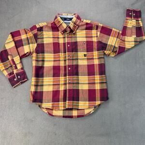 Wrangler 20X Brown Plaid‎ Western Button Maroon Yellow Long Sleeve Shirt Medium